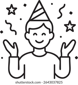 A black and white line drawing shows a person wearing a party hat, surrounded by stars and confetti, smiling and celebrating.
