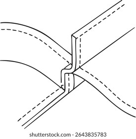 Um desenho de linha em preto e branco mostra as formas geométricas que se cruzam com linhas tracejadas, criando um design abstrato e dimensional.