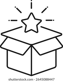 O desenho a preto e branco mostra uma caixa de papelão com abas abertas e um ícone de estrela surgindo de dentro, decorado com linhas de ruptura emanantes.