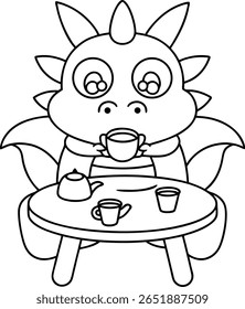 Um desenho a preto e branco mostra um dragão de desenho animado sentado em uma mesa redonda. O dragão está segurando uma xícara de chá e há uma chaleira e outras duas xícaras na mesa.