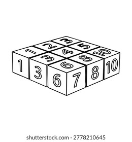 A black and white line drawing shows a 3D grid of cubes, each numbered from one to ten. This geometric arrangement represents numerical order, education, and puzzle concepts.