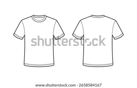 A black and white line drawing shows the front and back views of a basic t-shirt. The t-shirt has short sleeves and a crew neck. The sleeves and hem are detailed with double lines