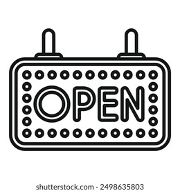 Black and white line drawing of a sign saying open, communicating a shop or business is available for customers