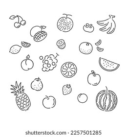 Black and white line drawing simple cute fruit illustration set