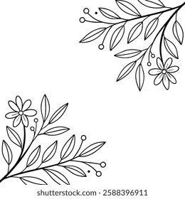 Black and white line drawing of simple floral corner design. Features leaves, flowers, and berries. Minimalist botanical illustration, perfect for invitations or borders.