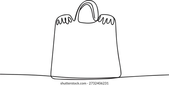 Desenho de linha preto e branco de saco de tote simples com alças. Esboço contínuo minimalista de uma linha de saco de compras de papel. Ilustração gráfica de linha única para conceitos de varejo e compra isolados em fundo transparente.