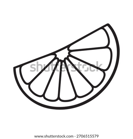 A black and white line drawing of a single wedge of a citrus fruit, showing its segments and rind.