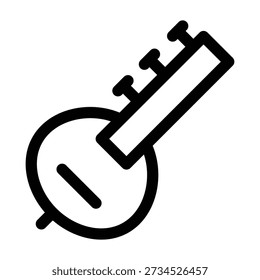 Desenho de linha preto e branco de uma sitar, um instrumento de corda depenada usado na música clássica hindustani. A ilustração mostra a grande base de cabaça, pescoço longo e cordas simpáticas. Estilo de ícone minimalista, isolado no fundo branco.