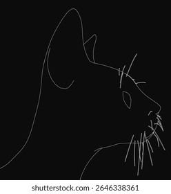 Um desenho em linha preta e branca da cabeça de um gato sentado com bigodes detalhados, olhos expressivos e um nariz definido, todos delineados em branco contra um fundo escuro.