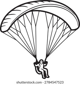 Black and white line drawing of a skydiver descending with an open parachute in mid-air