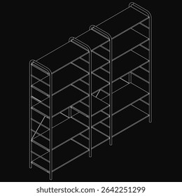 Black and white line drawing of a sleek modern bookcase with four sturdy shelves, ideal for organizing books, magazines, and decorative items. Perfect for home or office storage, this minimalist rack.