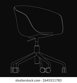 Black and white line drawing of a sleek modern office chair with curved backrest, armrests, and four wheels for mobility, isolated on a black background.