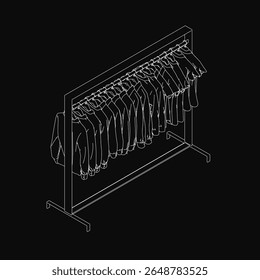 A black and white line drawing of a sleek metal clothes rack with neatly arranged garments. The modern design features clean lines and a professional, organized appearance.