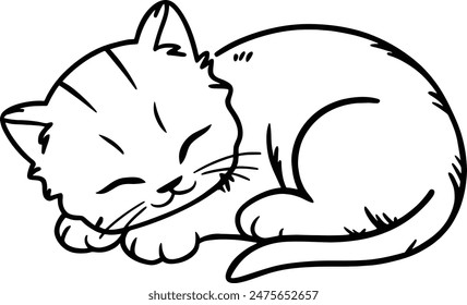 a black and white line drawing of a sleeping kitten.