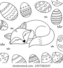 A black and white line drawing of a sleeping fox lying on a green grassy field