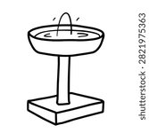 A black and white line drawing of a small decorative water fountain with a single jet of water spraying upward into a basin.
