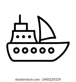 Black and white line drawing of a small sailboat. Vector illustration