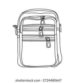 Um desenho de linha preto e branco de uma pequena bolsa de ombro com vários compartimentos com zíper e uma correia ajustável.