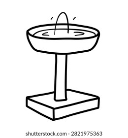 A black and white line drawing of a small decorative water fountain with a single jet of water spraying upward into a basin.