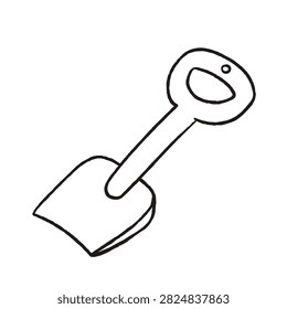 A black and white line drawing of a small plastic shovel used for playing in the sand at the beach or in a garden