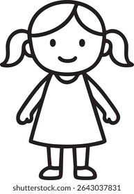 A black and white line drawing of a smiling girl with pigtails, wearing a simple dress, standing on a white background.