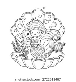 Dibujo de línea en blanco y negro de una sirena sonriente que sostiene un caballo de mar dentro de una Grande concha marina