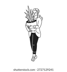 Dibujo de línea en blanco y negro de una mujer sonriente que lleva una Grande planta en maceta. Está vestida de manera informal y parece contenta, exudando una sensación de calma y cuidado.