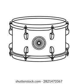 Black and white line drawing of snare drum with hardware
