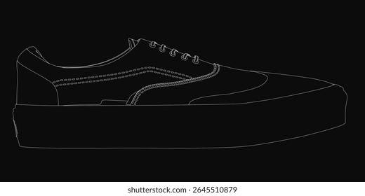 Desenho de linha preto e branco de tênis delineado em branco contra um fundo preto. O design limpo e nítido destaca a silhueta do sapato com contraste nítido.