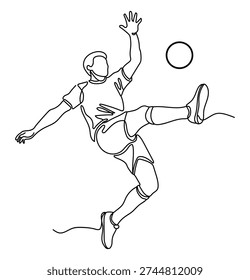 A black and white line drawing of a soccer player kicking a ball with their right foot