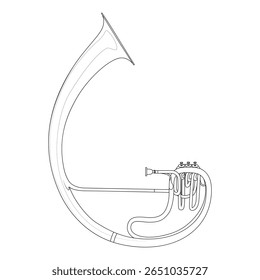 Black and white line drawing of a sousaphone. Detailed musical instrument illustration for coloring pages, music books, or educational materials.