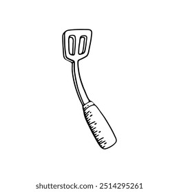 A black and white line drawing of a spatula with a handle