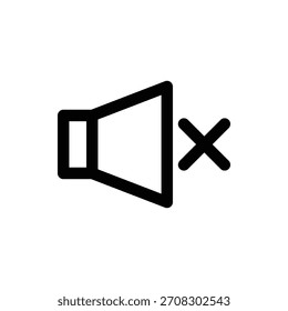 Un dibujo de línea en blanco y negro de un icono de altavoz con una cruz, que indica modo silencioso o silencioso. Música y medios de una sola línea icono de diseño de interfaz de usuario.