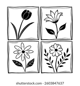 Black and white line drawing square containing a simple seamless flower and plant's design