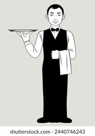 Black and white line drawing of standing young boy waiter in uniform with a napkin in her hand holding a round tray. Vector illustration