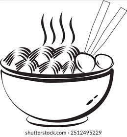 Um desenho de linha preto e branco de uma tigela de macarrão a vapor com pauzinhos na lateral. Ilustração vetorial