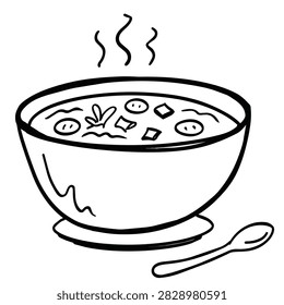 A black and white line drawing of a steaming bowl filled with soup containing vegetables and chunks, accompanied by a small spoon, isolated on a white background.