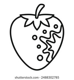 Black and white line drawing of a strawberry partially dipped in chocolate