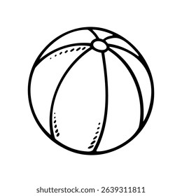 Black and white line drawing of a striped beach ball with visible stitching and curved panels.