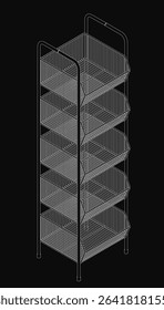 A black and white line drawing of a sturdy five-shelf rack with a sleek, modern design. The vertical shelves provide ample storage space for books, magazines, and small items.