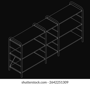 A black and white line drawing of a sturdy bunk bed with three shelves, featuring a sleek design ideal for a child's bedroom. The minimalist illustration highlights functional storage and modern.