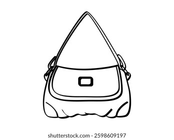 Black and white line drawing of a stylish shoulder bag with a flap and buckle design