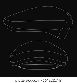 Desenho de linha preto e branco de um chapéu elegante destacado em branco nítido contra um fundo escuro. O design minimalista apresenta bordas limpas e contraste arrojado, criando um visual impressionante.