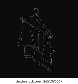 A black and white line drawing of a stylish shirt hanging on a sleek hanger against a dark background. The minimalist design highlights clean contours and elegant simplicity.
