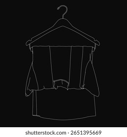A black and white line drawing of a stylish blouse hangs elegantly on a hanger against a dark background. The clean, minimalist design highlights the garment's silhouette and details.