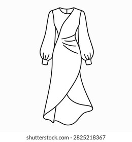 Black and white line drawing of a stylish wrap dress with puffed sleeves