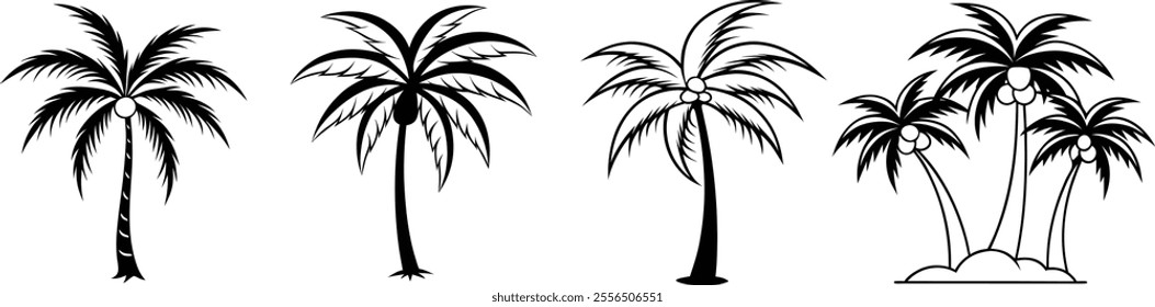Black and White Line Drawing of Stylized Palm Trees
