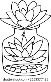 A black and white line drawing of a succulent plant housed within a glass container. The plant has multiple layers of petals and is supported by a stem. The base of the container holds decorative