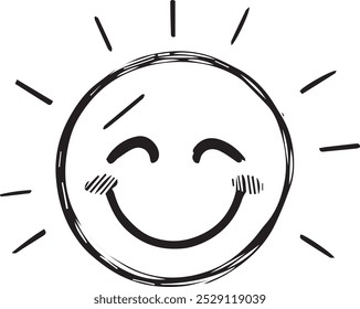 black and white line drawing of a sun with a smiling face the sun's rays are drawn as lines that radiate outwards this image could be used in a children's book or to represent happiness.