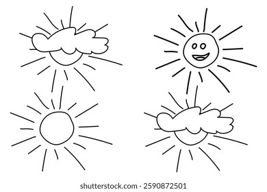 Black and white line drawing of the sun with clouds in different styles, perfect for kids coloring activities.